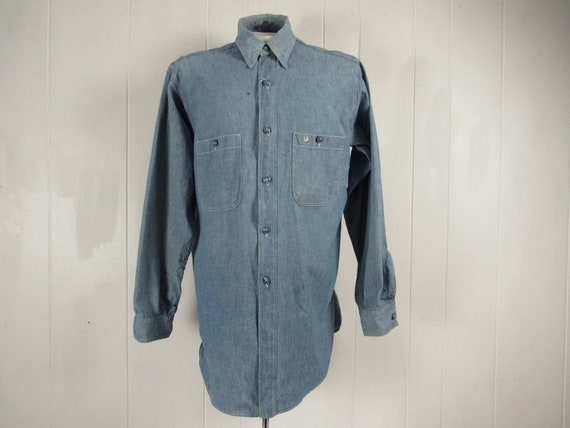 Vintage shirt, 1940s chambray shirt, size large, W