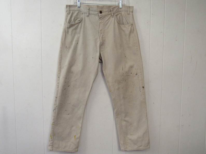 Vintage Levis pants, big E Levis pants, white denim pants, painter's pants, distressed denim, vintage clothing, 37.5 x 28.5 image 1