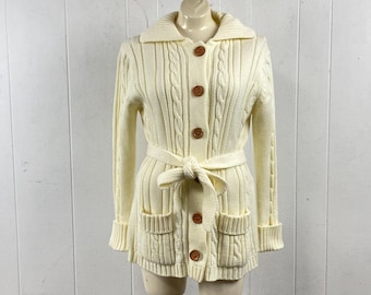 Vintage sweater, size medium, 1970s sweater, cable knit sweater, vintage cardigan, belted sweater, Hudson's sweater, vintage clothing