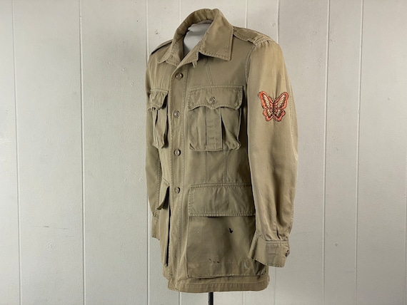 Vintage jacket, size medium, khaki jacket, butterfly patch, distressed jacket, military jacket, tropical jacket, safari jacket, 1950s jacket