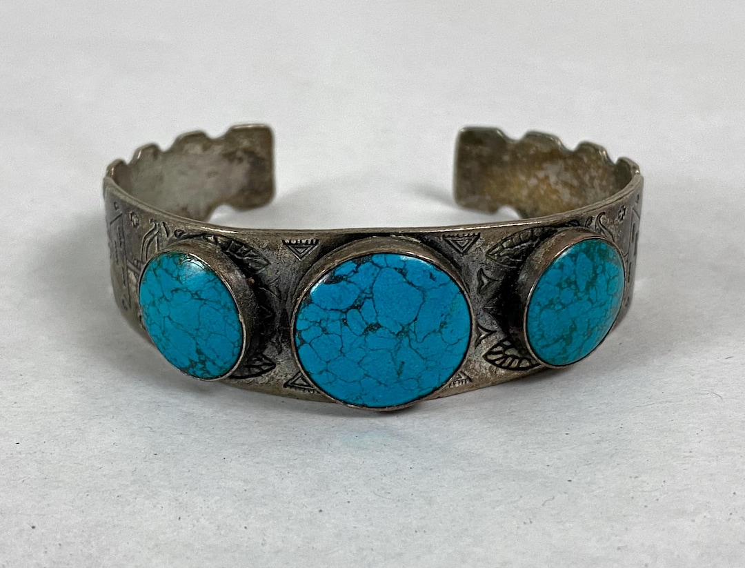 Turquoise and Silver Bracelet, 1940s Turquoise Bracelet, Navajo