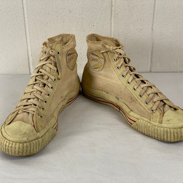 Vintage gym shoes, size 10 1/2, 1940s shoes, Hood Rockets gym shoes, canvas shoes, basketball shoes, white Hi Tops, vintage clothing