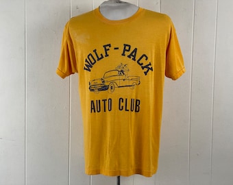 Vintage t shirt, size XL, 1970s t shirt, Car Club t shirt, Wolf Pack t shirt, Wolf Pack Auto Club t shirt, yellow t shirt, vintage clothing