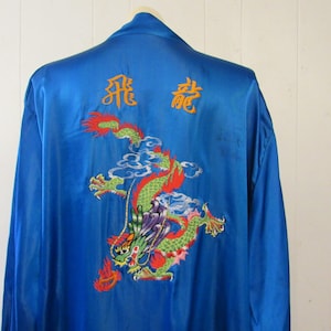 Vintage robe, Asian robe, silk robe, embroidered robe, dragon robe, jewel blue, vintage clothing, size large