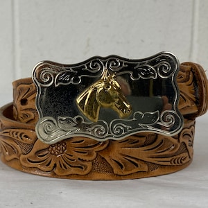 Vintage belt, size 18 to 25, 1950s belt, cowboy belt, Western belt, Horse belt buckle, Korricks Belt, belt and buckle, vintage clothing, NOS