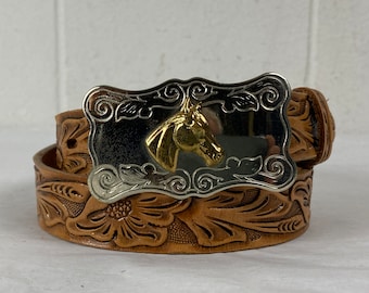 Vintage belt, size 18 to 25, 1950s belt, cowboy belt, Western belt, Horse belt buckle, Korricks Belt, belt and buckle, vintage clothing, NOS