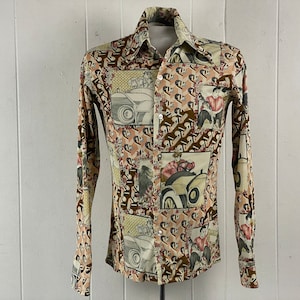 Vintage shirt, size small, disco shirt, 1970s shirt, Art Deco shirt, 1920s shirt, Automobile shirt, pretty lady shirt, vintage clothing