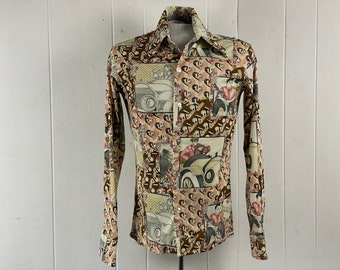 Vintage shirt, size small, disco shirt, 1970s shirt, Art Deco shirt, 1920s shirt, Automobile shirt, pretty lady shirt, vintage clothing