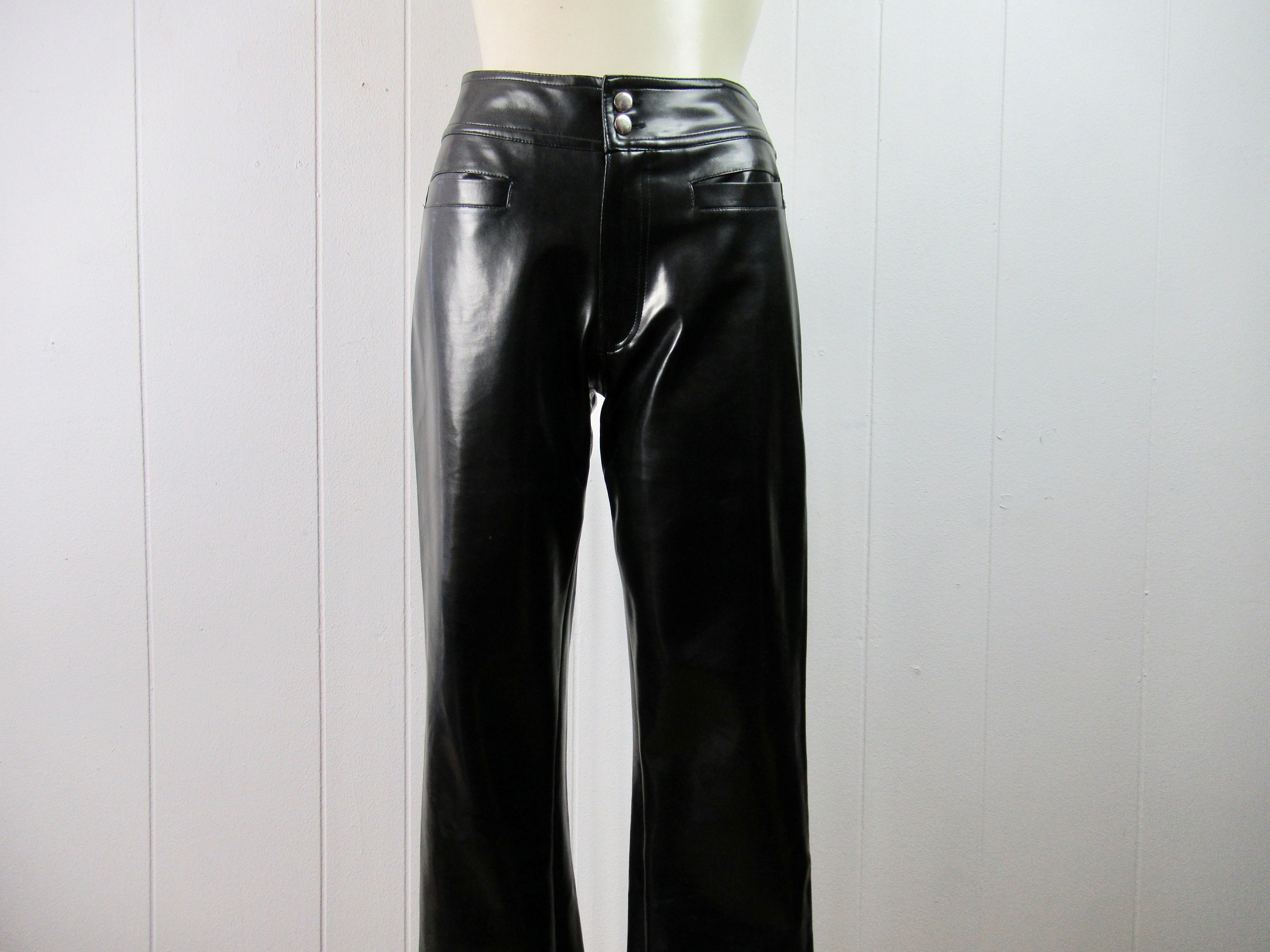 Vintage Y2K PVC Black Pleather Pants /90s Black Flare Pants / Faux