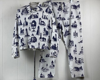 Chaqueta y pantalones vintage, talla XL, chaqueta Michigan Rag Co., estampado de faro, chaqueta y pantalones con estampado de novedad, chaqueta de la década de 1980, ropa vintage