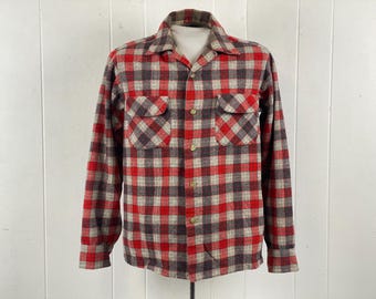 Vintage Pendleton-shirt, maat large, vintage Pendleton, vintage shirt, shirt jaren 1950, lusje bovenste knoop, roodgrijze plaid, vintage kleding