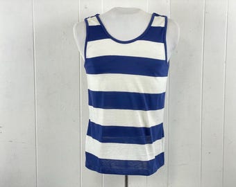 Vintage T Shirt, Größe Medium, Vintage Tank Top, 1960er Jahre Tank Top, Vintage gestreiftes Shirt, maritimes Muskelshirt, blaue Streifen, Vintage Kleidung