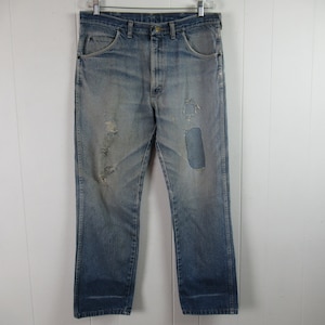 Vintage denim, patched denim, patchwork pants, vintage workwear, vintage blue jeans, vintage pants, Wrangler, vintage clothing, size 36 x 30