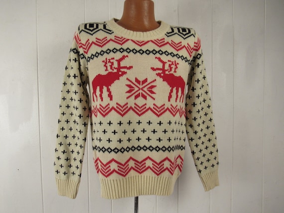 Pull Vintage Rouge Et Beige à Motifs Brodés - Taille M/L Homme - Occasion Très Bon état