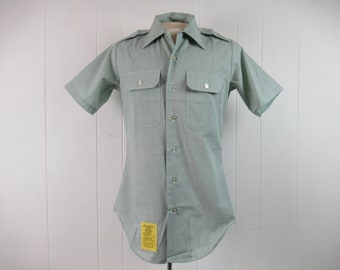 Vintage shirt, military shirt, 1980s shirt, Army green, shoulder epaulets, button down shirt, vintage clothing, size small, NOS