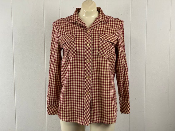 Vintage shirt, size large, 1960s blouse, Gingham check shirt, picnic table plaid, red check, Penney's shirt, vintage clothing