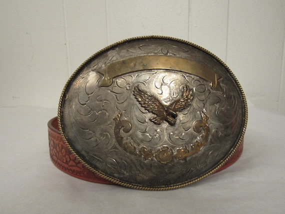 Vintage belt, large belt buckle, eagle belt, leath