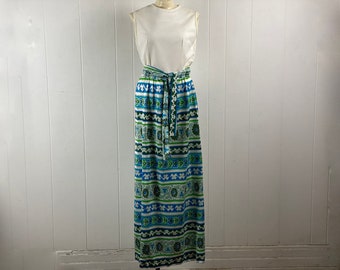 Vintage dress, size medium, 1960s dress, Maxi dress, Mod dress, blue and green dress, vintage clothing