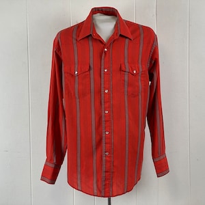 Vintage shirt, size large, cowboy shirt, red striped shirt, western shirt, 1980s shirt, Wrangler shirt, snap shirt, vintage clothing