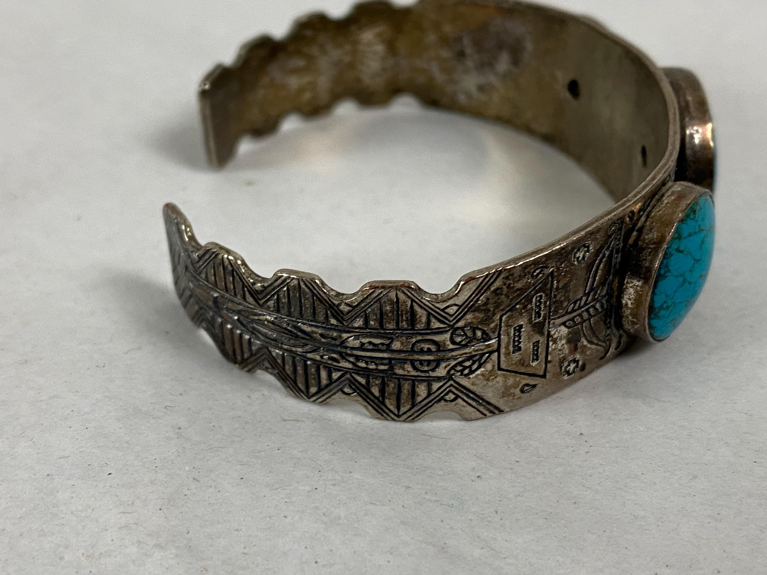 40s〜50s Navajo Sterling Silver Bracelet Turquoise and Silver Bracelet, 1940s Turquoise Bracelet, Navajo