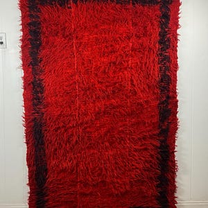 May include: A red shag rug with a black border. The rug is hanging on a wall.