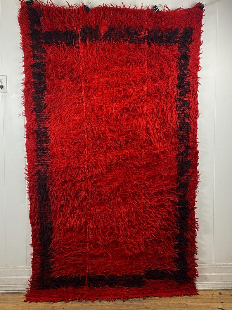 May include: A red shag rug with a black border. The rug is hanging on a wall.