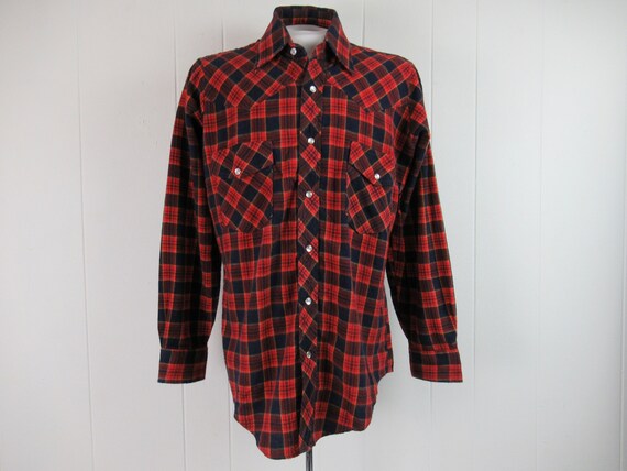 Vintage shirt, 1970s shirt, cotton flannel shirt, cowboy shirt, plaid shirt, vintage clothing, size medium