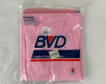 Vintage t shirt, size large, pocket t shirt, 1980s t shirt, pink pocket t shirt, B.V.D. t shirt, plain t shirt, vintage clothing, NOS
