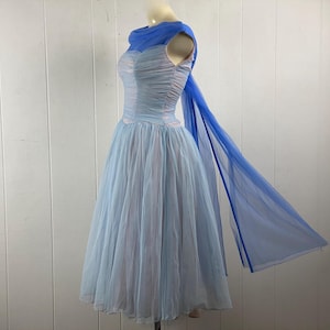 Puede incluir: Un vestido de tul azul claro con una estola de tul azul a juego. El vestido tiene un corpiño ajustado y una falda completa.