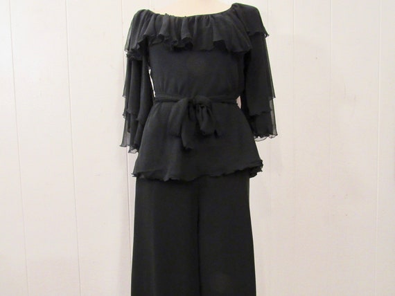 Vintage suit, 1970s suit, silk chiffon suit, flowy