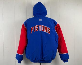 Pistons Starter jacket, size XL, 1990s coat, NBA parka, Detroit Pistons hooded parka, vintage Starter hooded coat, vintage clothing