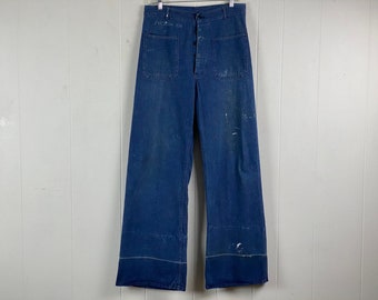 Vintage denim pants, U.S. Navy pants, 1950s denim jeans, denim sailor's pants, high waisted pants, button fly, vintage clothing, 32 x 33.5