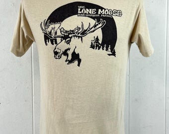 Vintage t shirt, size medium, 1970s t shirt, Moose t shirt, The Lone Moose Bar Harbor Maine t shirt, travel t shirt, vintage clothing
