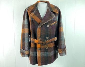 Vintage jacket, 1930s jacket, inset back belt, plaid jacket, Peacoat design, double breasted, removable belt, vintage clothing, size Large