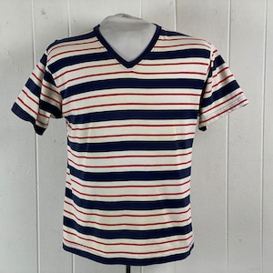 Vintage t shirt, size medium, 1960s t shirt, striped t shirt, red white and blue t shirt, V neck t shirt, cotton t shirt, vintage clothing