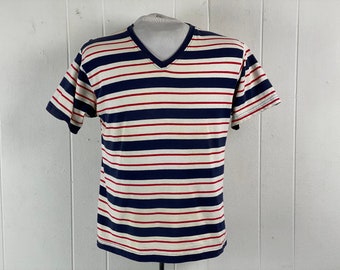 Vintage t shirt, size medium, 1960s t shirt, striped t shirt, red white and blue t shirt, V neck t shirt, cotton t shirt, vintage clothing