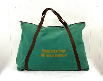 Torba vintage, torba z lat 80., torba pocztowa National Bank of Detroit, torba podróżna vintage, torba płócienna, worek na pieniądze, zabytkowy Detroit, zabytkowy bagaż