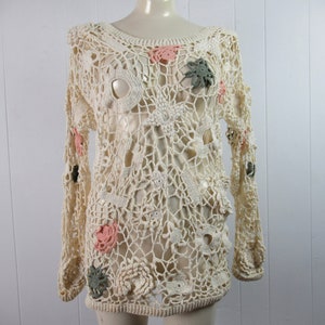 Vintage shirt, crochet shirt, 1980s blouse, wide net, flowers and circles, One Step Up, vintage clothing, size large