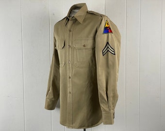 Vintage shirt, size medium, military shirt, Army shirt, 1950s shirt, khaki cotton shirt, US Army, shirt with patches, vintage clothing