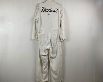 Vintage coveralls, size 40, Finck's coveralls, 1940s Finck's Red Bar, Borden's Milk, white coveralls, vintage workwear, vintage clothing