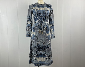 Sukienka vintage, rozmiar średni, sukienka Leonard, sukienka z nadrukiem pawia, sukienka z lat 70., sukienka mod, sukienka projektanta, nadruk piór, odzież vintage