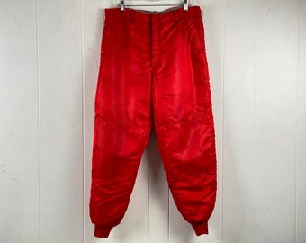 Vintage pants, 35" X 32", satin pants, 1960s pants, hunting pants, Ted Williams pants, insulated pants, red rayon pants, vintage clothing