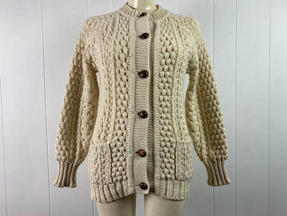 Vintage sweater, 1970s sweater, cable knit sweater, vintage cardigan, wool sweater, Irish sweater, Glen Columb, vintage clothing, medium