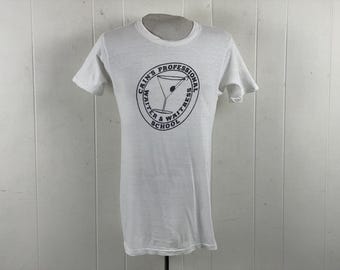 Vintage t shirt, size medium, 1960s t shirt, Martini t shirt, Cain's Professional Waiter School t shirt, cocktail t shirt, vintage clothing