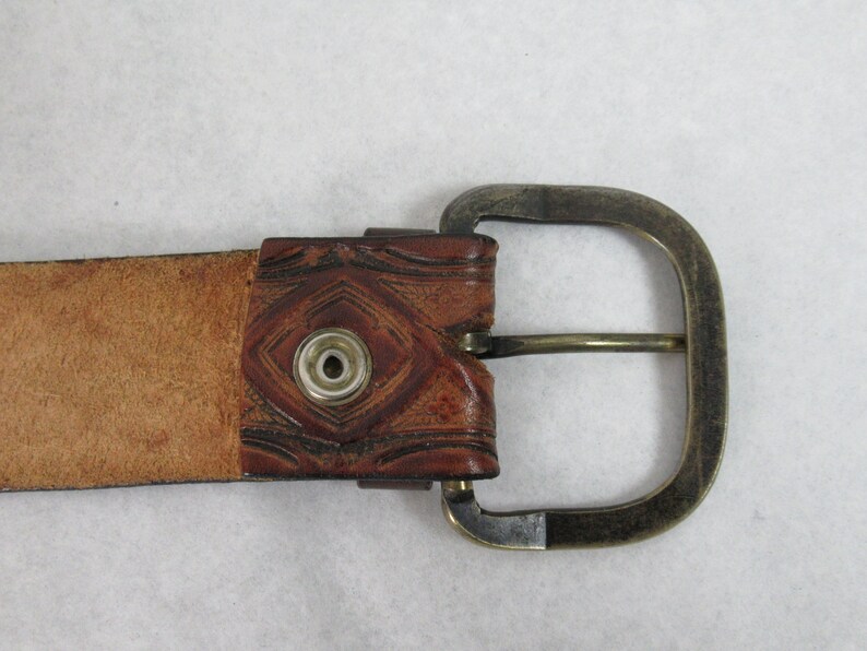 hand tooled belt brown leather belt hand tooled Vintage belt hippy belt vintage clothing 34 to 39 brass buckle 1960s belt