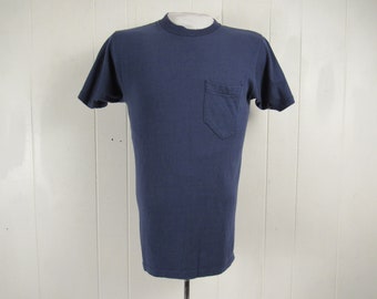 Vintage t shirt, M, pocket t shirt, 1970s t shirt, blue pocket t shirt, vintage pocket tee, vintage clothing, size medium