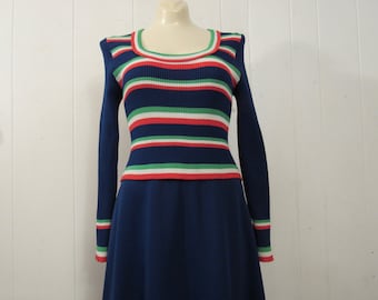 Vintage dress, 1960s dress, designer dress, blue dress, green white red stripes, medium