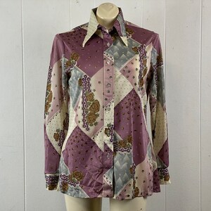 Vintage shirt, size large, disco shirt, 1970s blouse, 1970s shirt, Disco blouse, purple shirt, floral blouse, Kokobay, vintage clothing