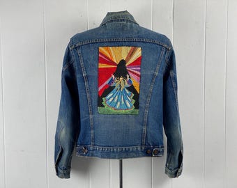 Jaqueta Levi's dos anos 1960, tamanho médio, jaqueta Levi's Big E, jaqueta bordada, jaqueta de rock, jaqueta de álbum de música, jeans vintage, roupas vintage