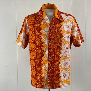 Hawaiian shirt, size medium, 1970s shirt, Hawaiian Tiki shirt, vintage Hawaiian, orange Hawaiian shirt, Aloha shirt, vintage clothing